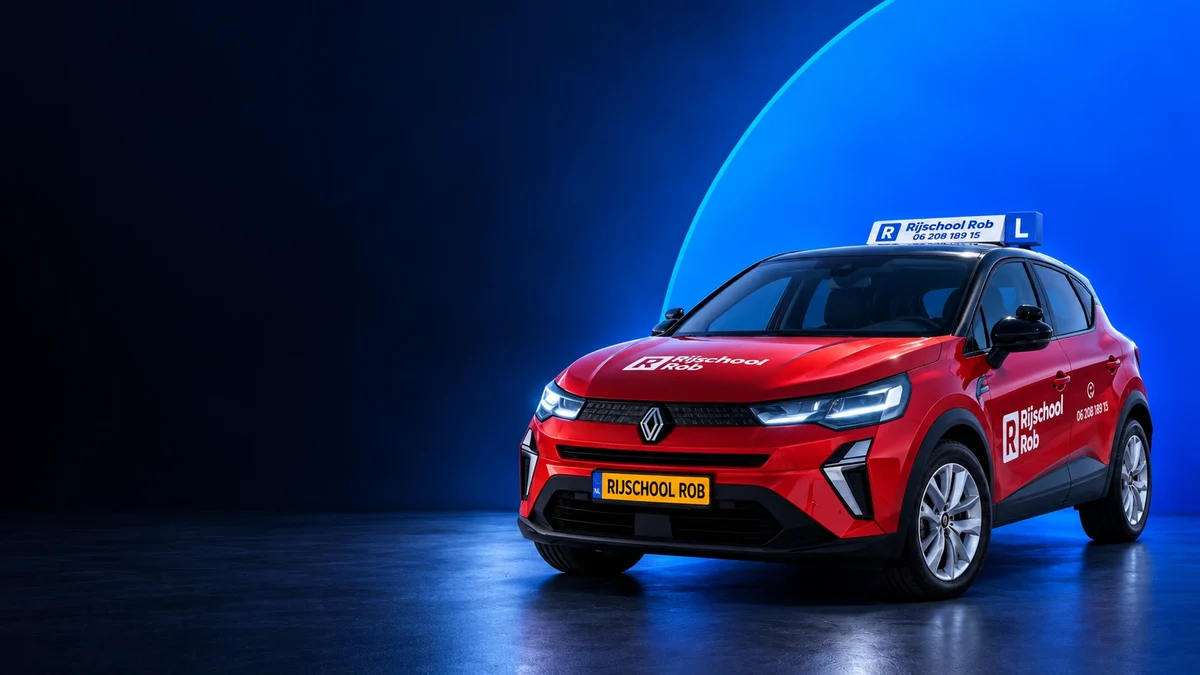 De rode Renault Captur lesauto van Rijschool Rob in een blauwe studio, met het daklicht Rijschool Rob